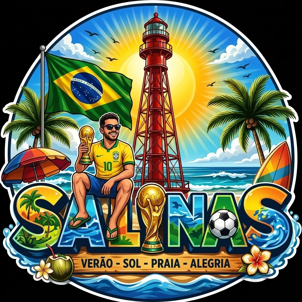 Illustration of Salinas with a lighthouse, the Brazilian flag and the phrase “Verão, Sol, Praia e Alegria” (Summer, Sun, Beach and Joy)